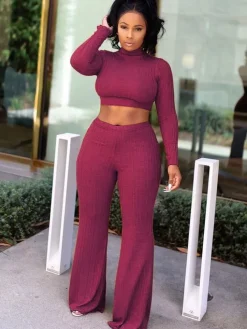 Two Piece Mock Neck Top Long Pants Outfits