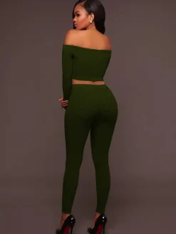 Two Piece Off Shoulder Crop Top Skinny Pants Set