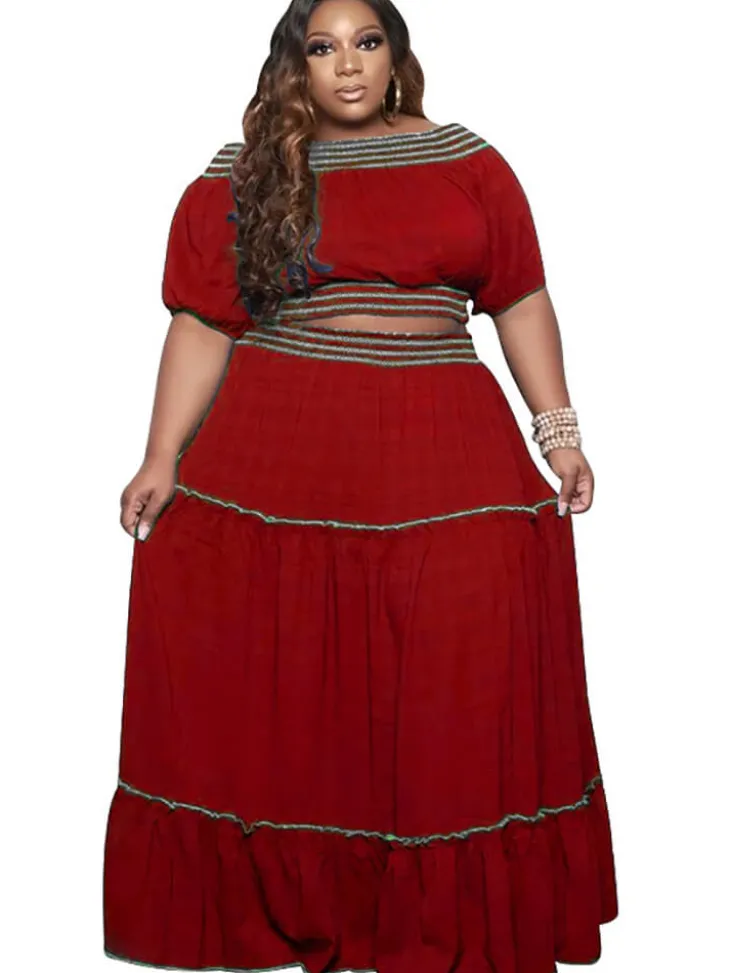 Two Piece Off Shoulder Crop Top Maxi Skirts