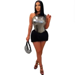 Two Piece One Shoulder Feather Skirt Suit