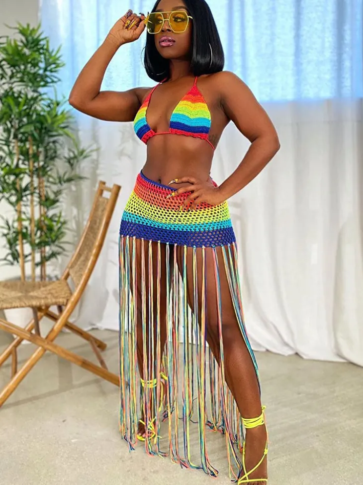 Two Piece Rainbow Tassels Skirt Swimsuit