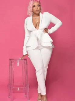 Two Piece Ruffle Blazer Bodycon Long Pants