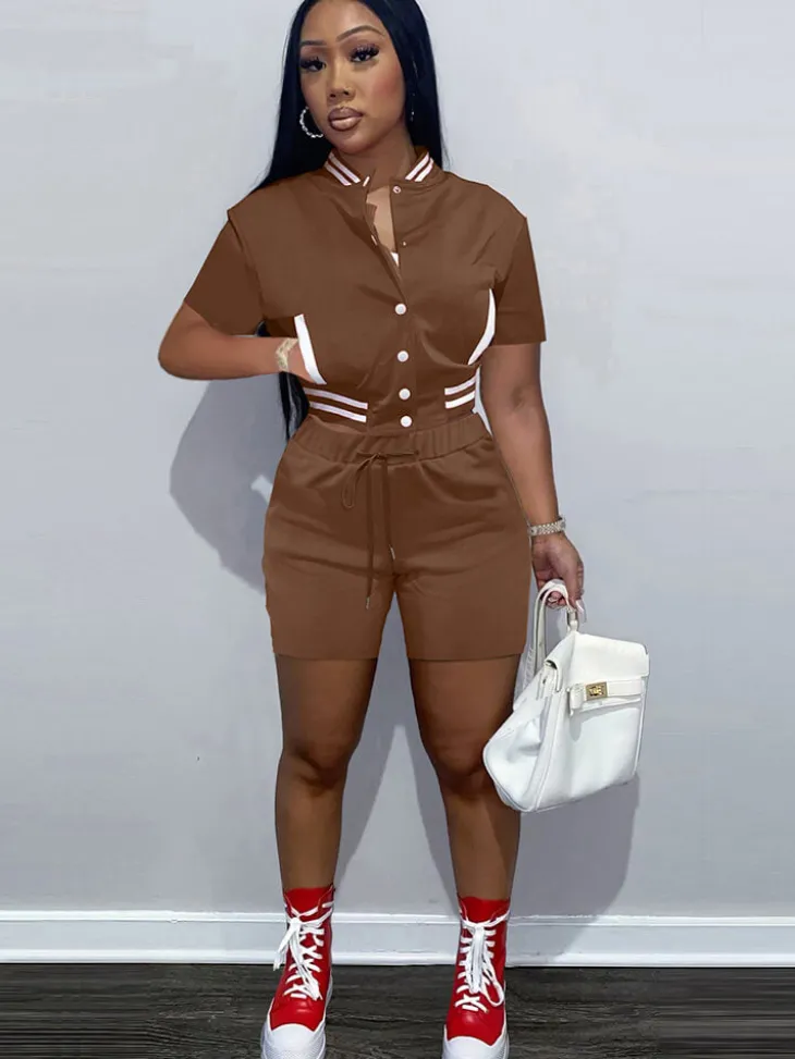 Two Piece Short Sleeve Color Block Baseball Tracksuit