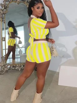 Two Piece Short Sleeve Striped Crop Top Shorts