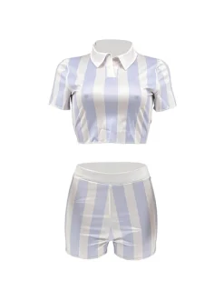 Two Piece Short Sleeve Striped Crop Top Shorts