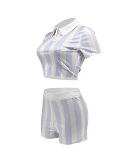 Two Piece Short Sleeve Striped Crop Top Shorts