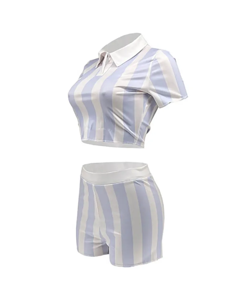 Two Piece Short Sleeve Striped Crop Top Shorts