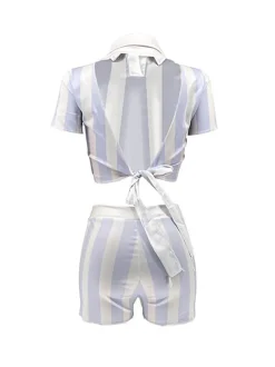 Two Piece Short Sleeve Striped Crop Top Shorts