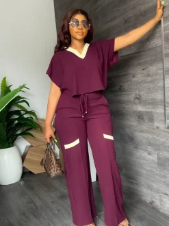 Two Piece Short Sleeve Top Drawstring Pants