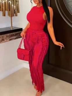 Two Piece Sleeveless Top Tassel Pants