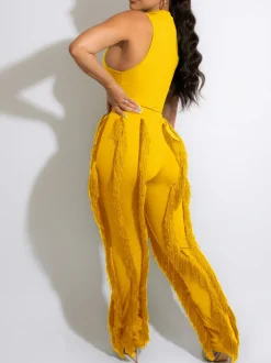 Two Piece Sleeveless Top Tassel Pants