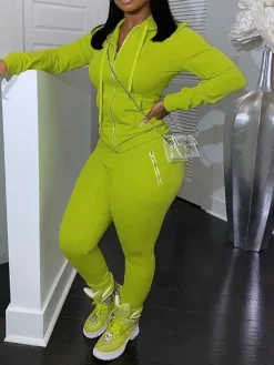 Two Piece Solid Color Hoodie Zip-Up Tracksuit
