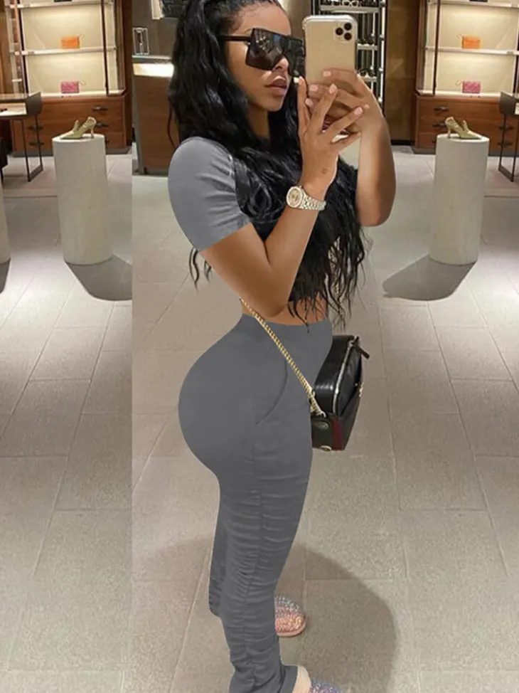 Two Piece Solid Color Short Sleeve Top Long Pants