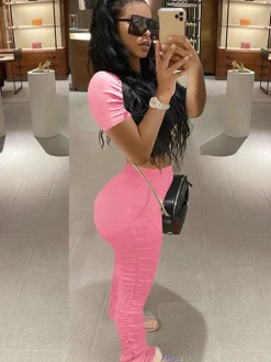 Two Piece Solid Color Short Sleeve Top Long Pants