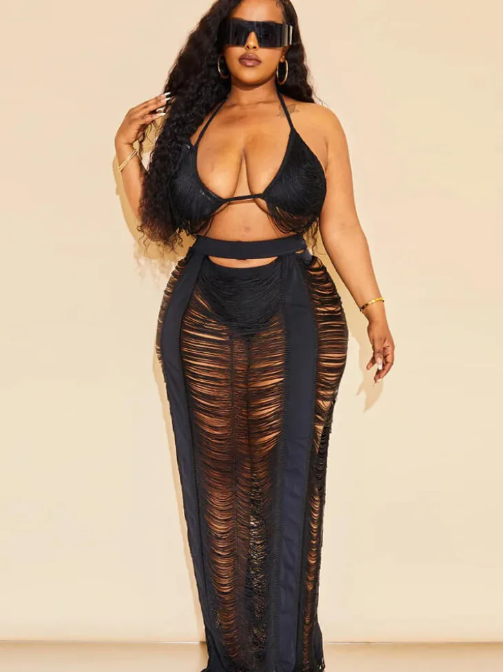 Two Piece Tassel Top Hollow Out Maxi Skrits