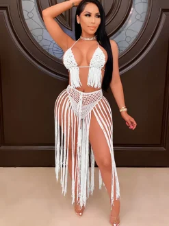 Two Piece Tassels Hollow Out Swimsuit
