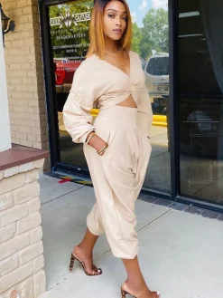 Two Piece V Neck Knot Crop Top Pants
