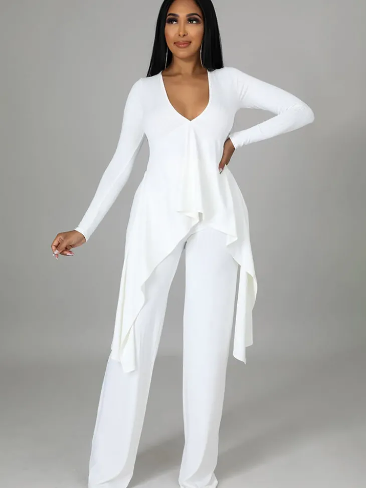 Two Pieces Irregular Lace Up V Neck Top Long Pants