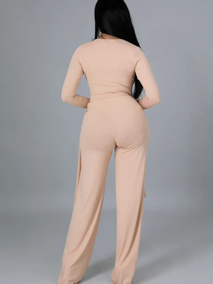 Two Pieces Irregular Lace Up V Neck Top Long Pants
