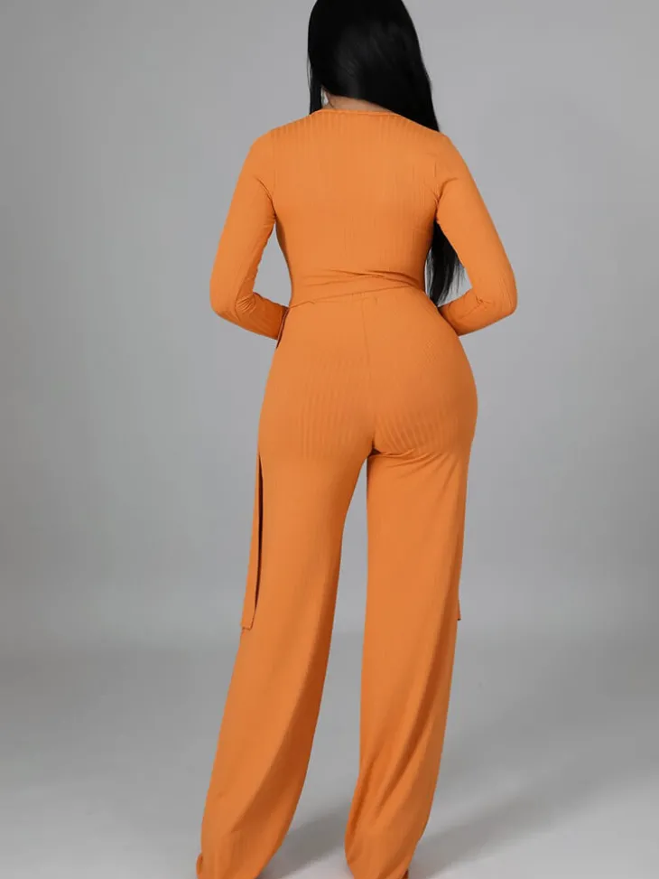 Two Pieces Irregular Lace Up V Neck Top Long Pants