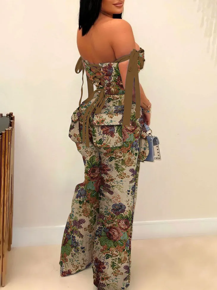 Two Pieces Print Lace-Up Cargo Pants Set