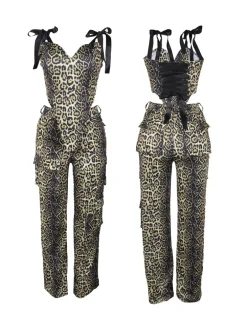 Two Pieces Print Lace-Up Cargo Pants Set