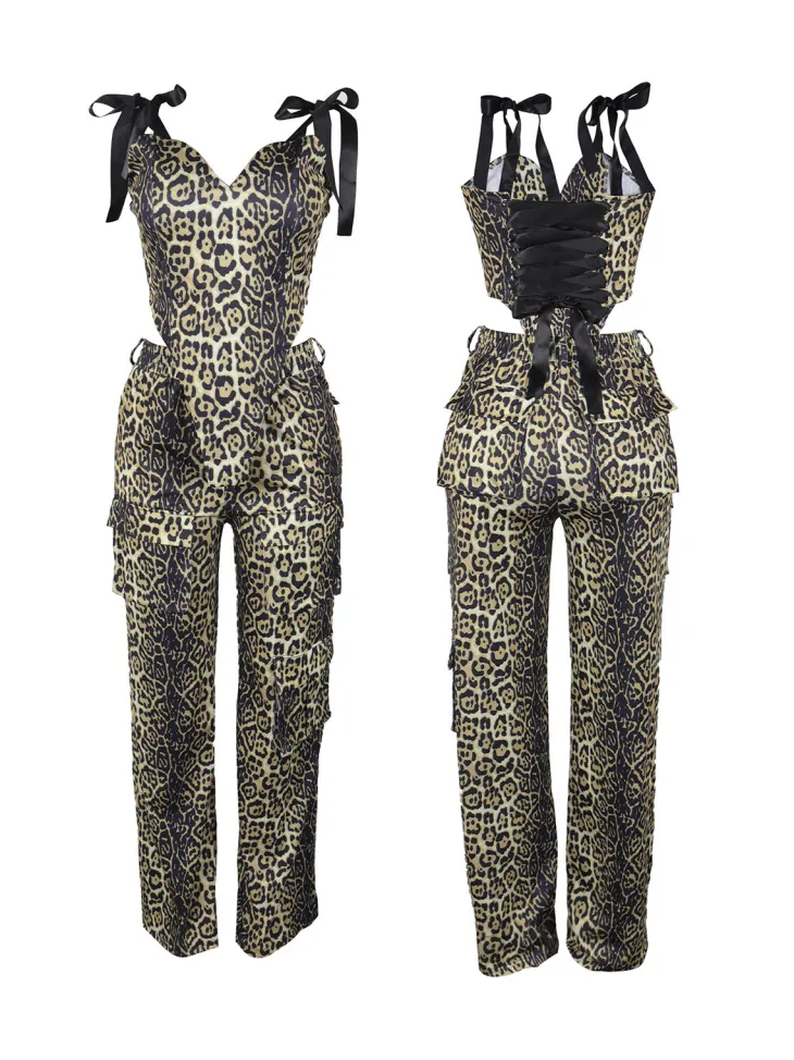 Two Pieces Print Lace-Up Cargo Pants Set
