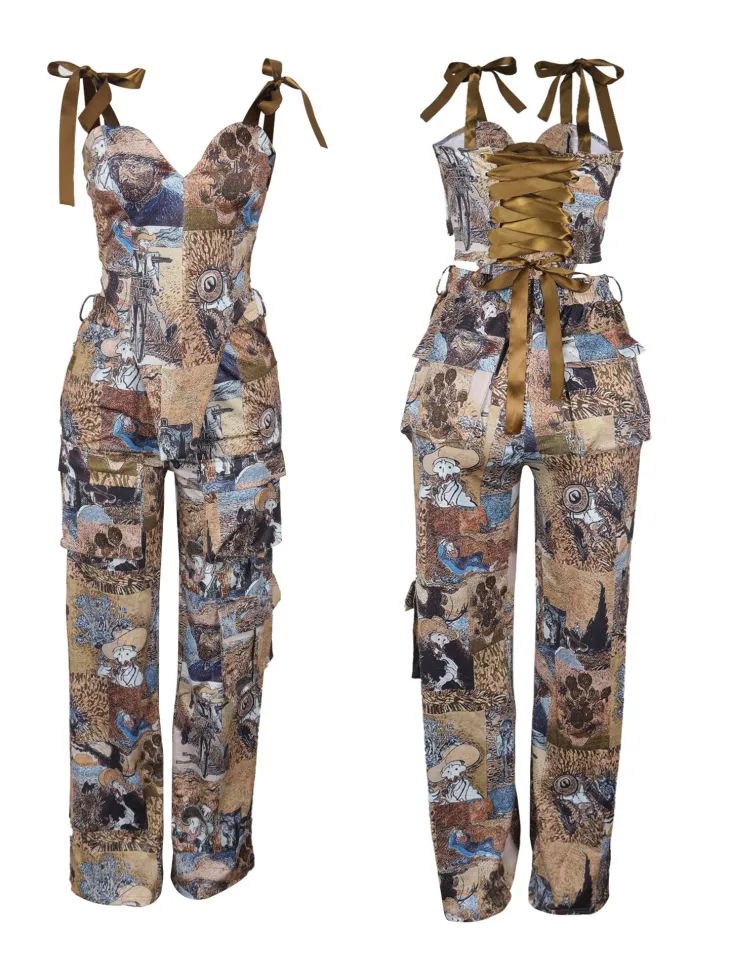 Two Pieces Print Lace-Up Cargo Pants Set