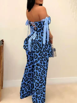 Two Pieces Print Lace-Up Cargo Pants Set