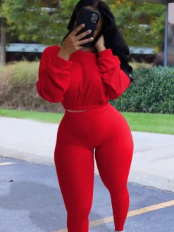 Two Pieces Ribbed Knit Top Skinny Pants
