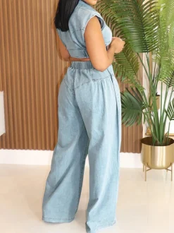 Two Pieces Sleeveless Denim Pants Set