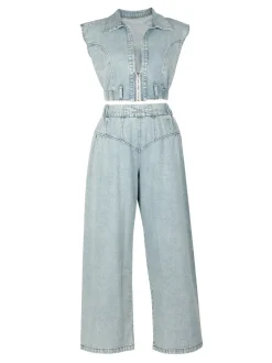 Two Pieces Sleeveless Denim Pants Set