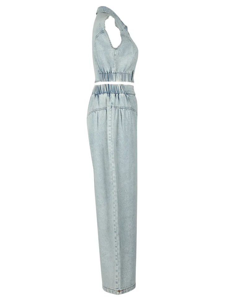 Two Pieces Sleeveless Denim Pants Set