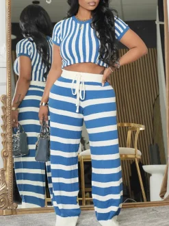 Two Pieces Striped Crop Top Wide Leg Pants