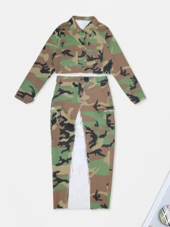 Two-Piece Camouflage Print Long Sleeve Midi Skirt Set