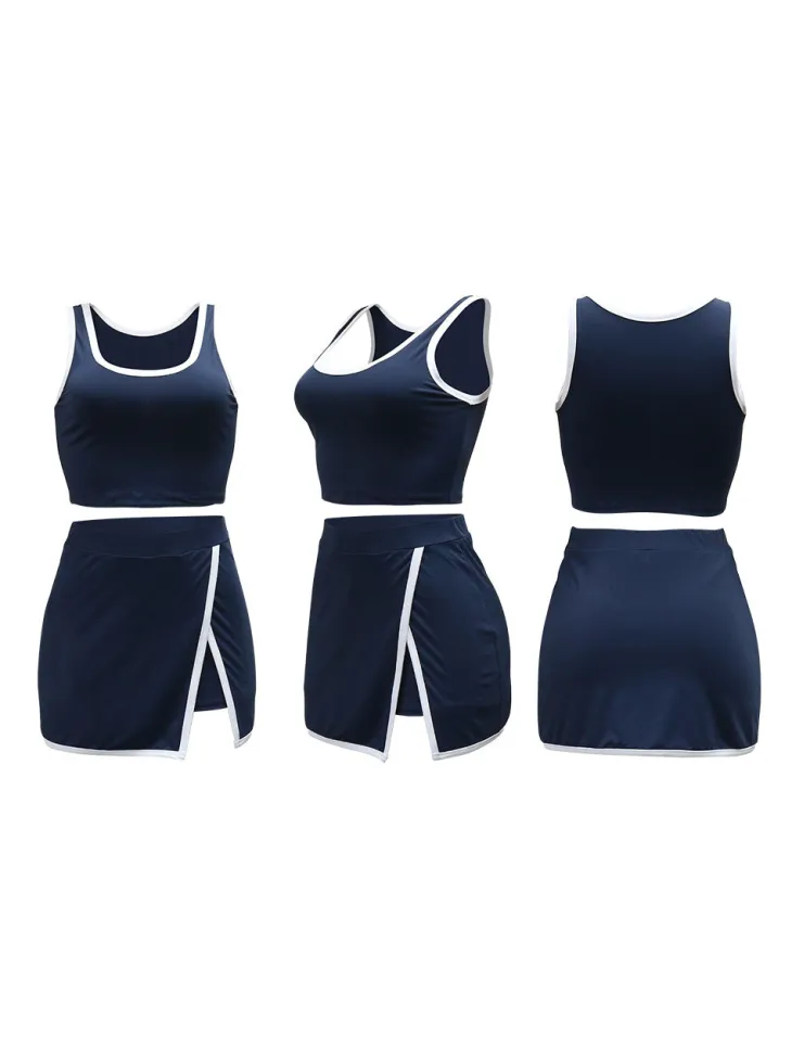 Two-Piece Contrast Trim Crop Top Skirt Shorts Set