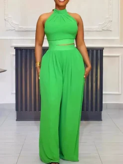 Two-Piece Halter Neck Top Wide Leg Pants Set
