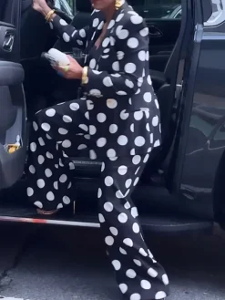 Two-Piece Polka Dot Print Pants Set with Belt