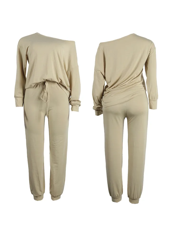 Two-Piece Solid Color Off-Shoulder Sweatshirt Set