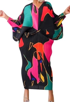 V Neck Bat Sleeve Floral Printed Dress