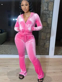 Velour Two Pieces Full Zipper Hooded Tracksuits with Pockets