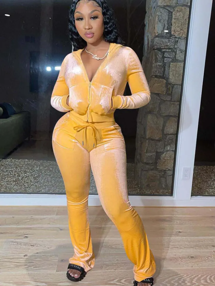 Velour Two Pieces Full Zipper Hooded Tracksuits with Pockets