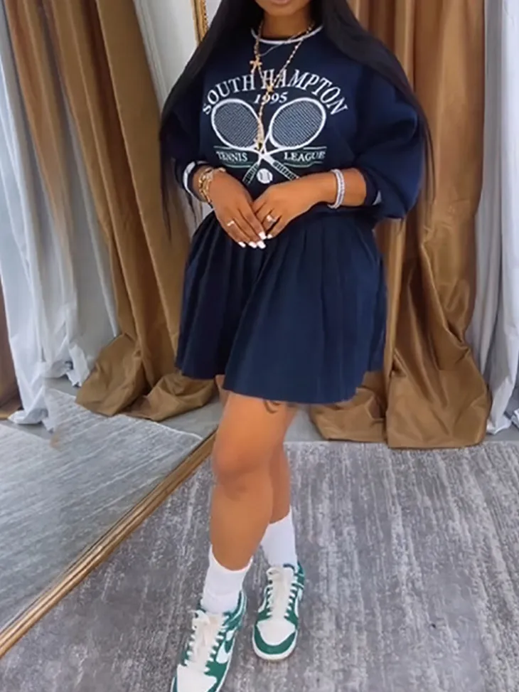 Vintage Tennis Print Sweatshirt Pleated Skirt Set