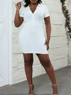 V-Neck Ribbed Striped Zipper Solid Color Mini Dress