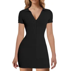 V-Neck Ribbed Striped Zipper Solid Color Mini Dress