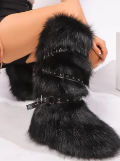 Y2K Faux Fur Cross Strap Buckle Boots