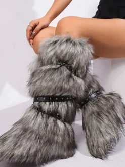 Y2K Faux Fur Cross Strap Buckle Boots