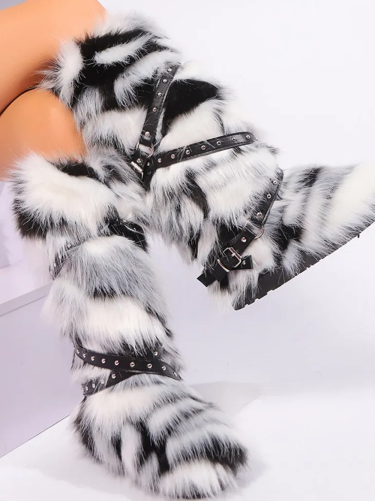 Y2K Faux Fur Cross Strap Buckle Boots