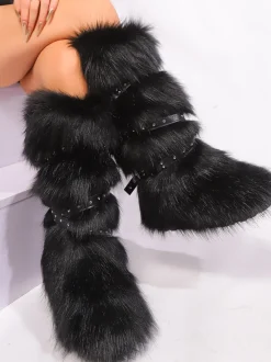 Y2K Faux Fur Cross Strap Buckle Boots