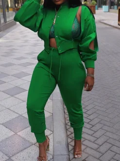 Zipper Hollow Out Jogging Sets